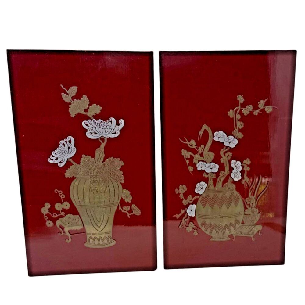 Asian Red Lacquer Wall Plaque Set 2 Brass Inlay Floral Chinoiserie Art 9.5x 16